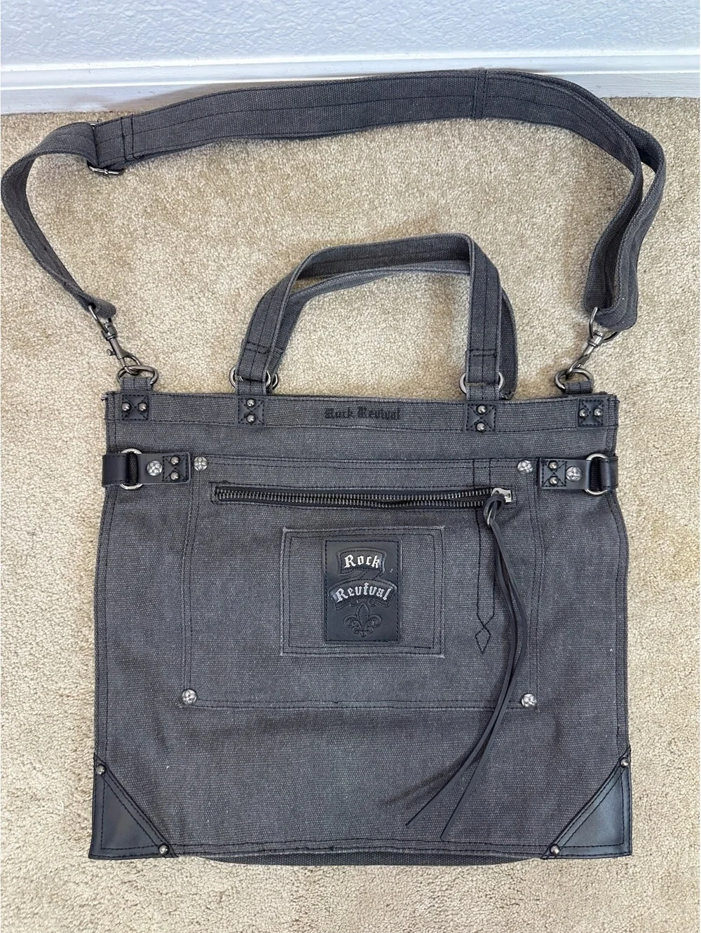 Rock Revival Gray Black Heavy Canvas Messenger Bag Detachable/Adjustable Straps